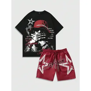 Two-Piece Set Men's Outfits Y2K Graphic Short Sleeve T Shirt and Drawstring Waist Shorts Set Round Neck Music Tee
