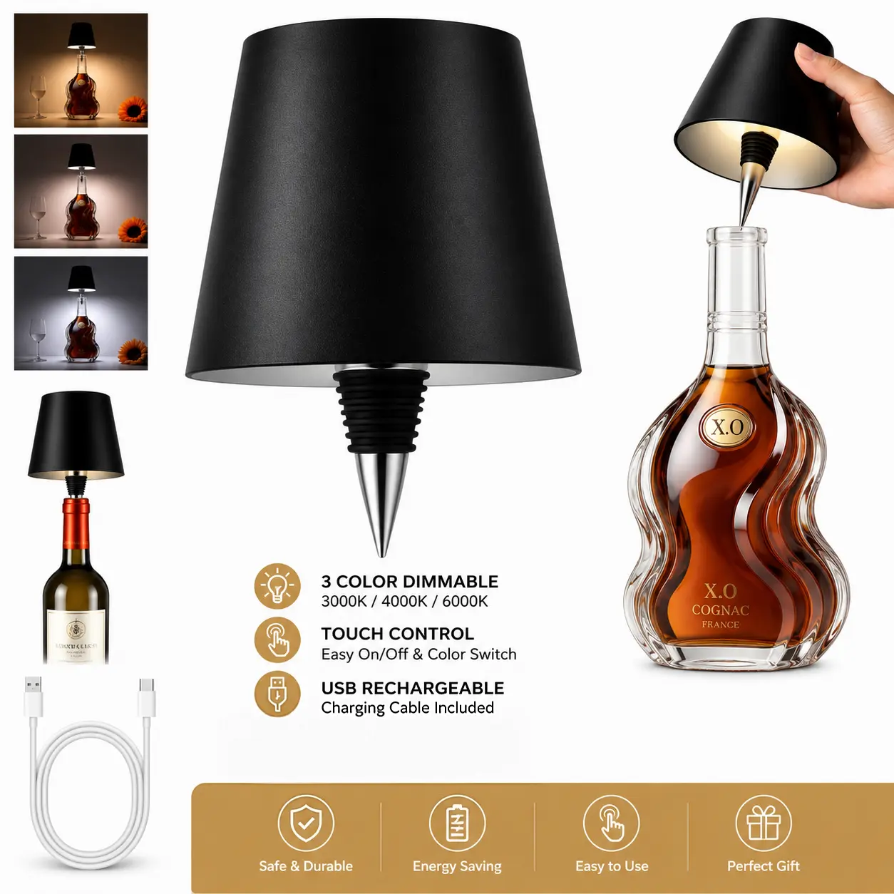 Wireless Bottle Lamp with Black Plastic Lampshade, Silver Dimmable Rechargeable Stopper LED Lights, IP44 Outdoor Safe for Liquor Containers, Bar Cart Decor with Color Changing Adjustable Brightness