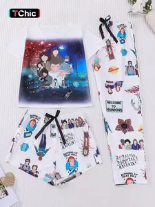 3 Piece Women's Strange Story Print Casual Comfy Pajama Set, Short Sleeve Button Up Soft Top, Loose Stretch Shorts and Pants, Stylish Casual Sleepwear & Loungewear for Home and Festive Parties