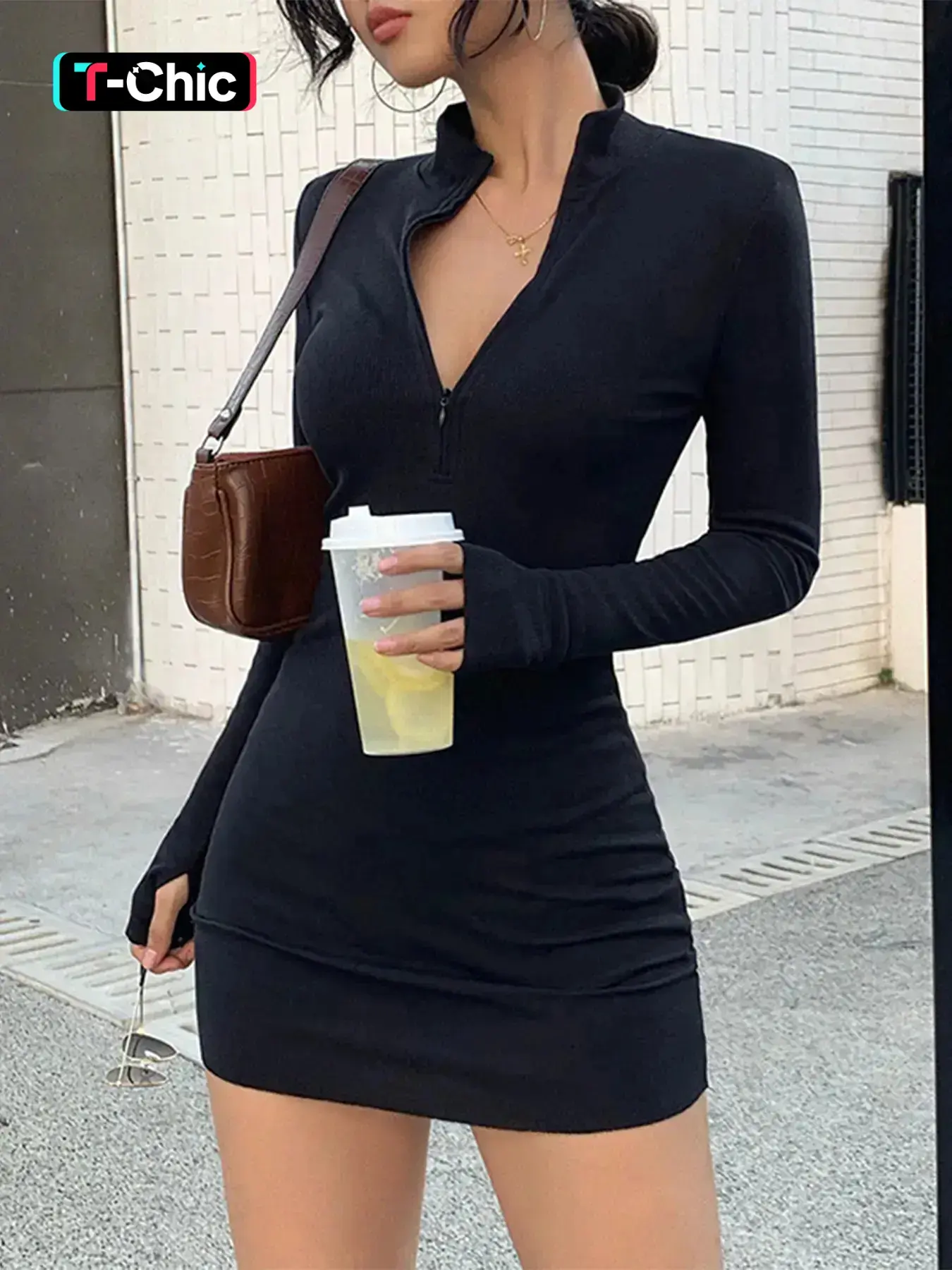 Women's Plain Stand Collar Zip Up Bodycon Dress, Chic Casual Long Sleeve Zip Front Mini Dress for Spring & Fall, Dresses Summer, Women's Clothing - TikTok Shop Women's Plain Stand Collar Zip Up Bodycon Dress, Chic Casual Long Sleeve Zip Front Mini Dress for Spring & Fall, Dresses Summer, Women's Clothing - TikTok Shop