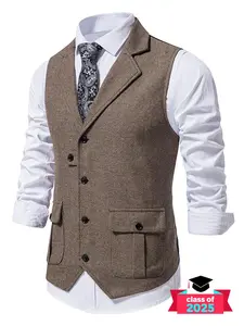 Men's Solid Button Front Pocket Suit Vest, Regular Fit Casual Formal Fitted Lapel Sleeveless Suit Vest for Work Office Business, Men's Clothes for All Seasons
