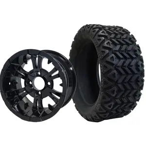 14″ Glossy Black Golf Cart Wheel Aluminum Alloy 23″x10″-14″ w All-Terrain Tires