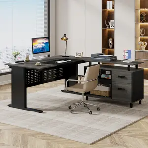 LITTLE TREE 63 Inch Executive Desk with File Cabinet, Large Office Desk L Shaped Computer Desk with Drawers and Storage Shelves, Business Furniture Desk Workstation for Home Office,two separate package