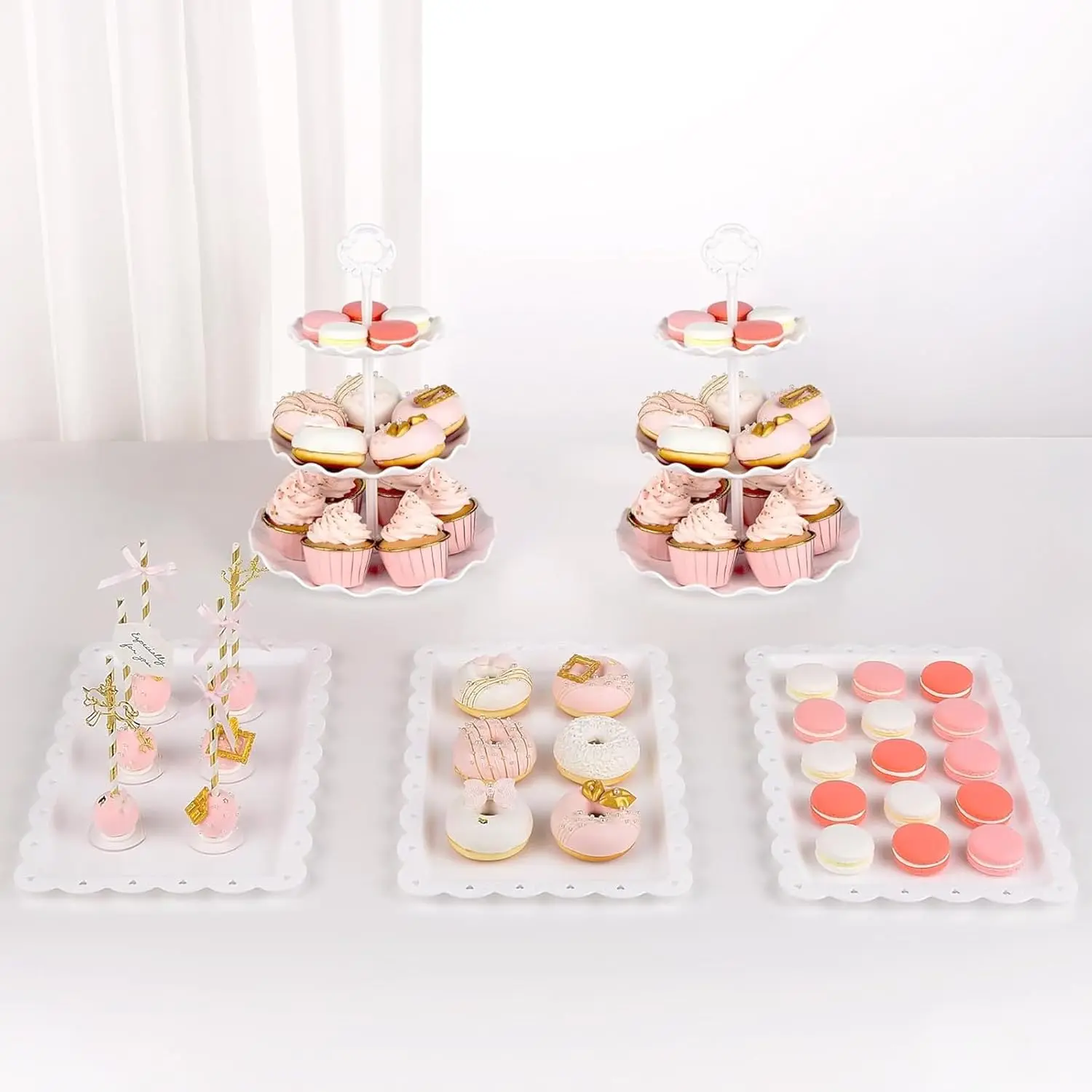 Dessert Table Display Set, Effortless Setup Reusable Lightweight Plastic 5-Piece Kit for Wedding, Birthday, Baby Shower Parties; includes 2 Large 3-Tier Cake & Cupcake Stands, 3 Rectangular Appetizer Trays.