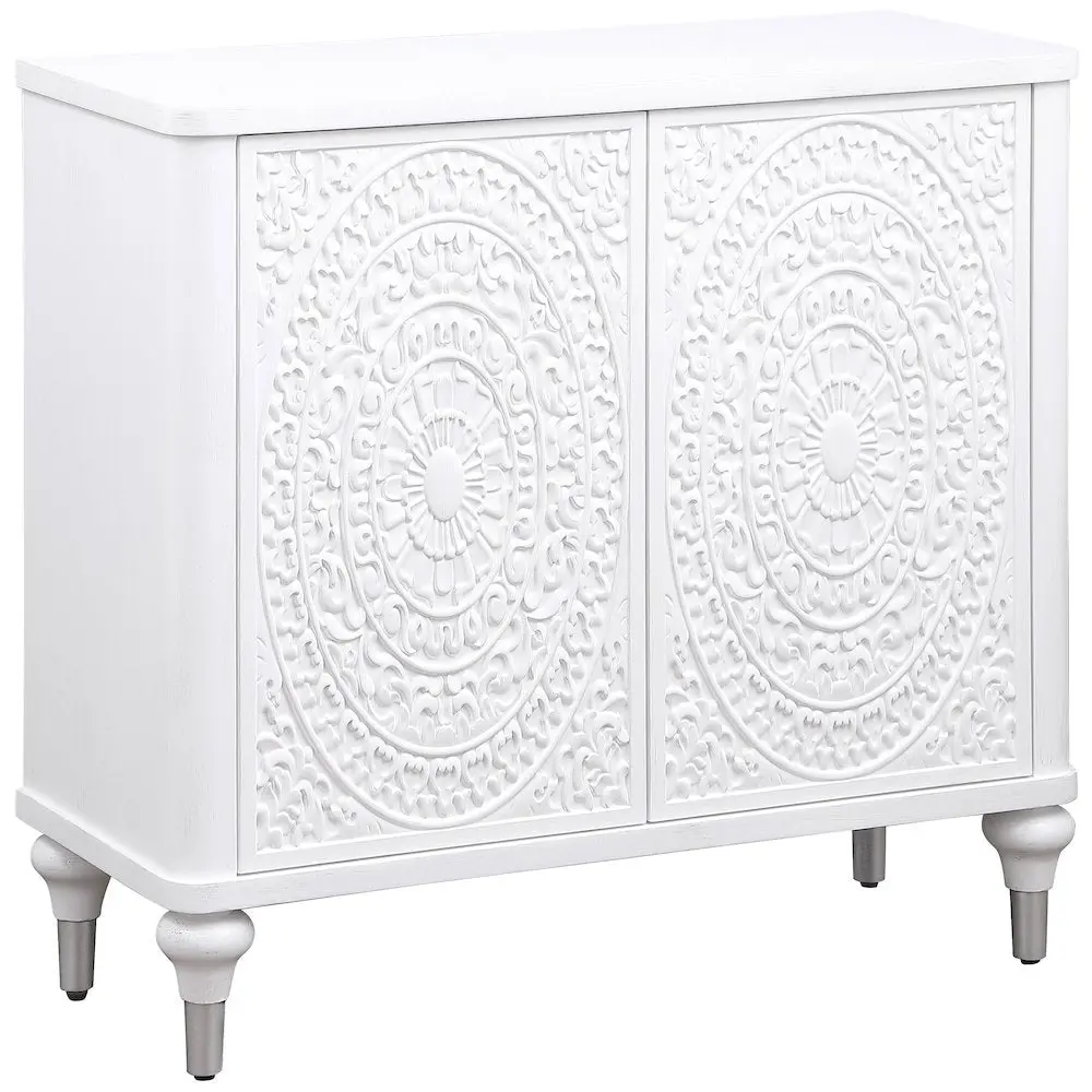 Cardella Accent Cabinet with Clever Storage - 2 Decorative Magnetic Push-to-Open Doors, Distressed White, Adjustable Shelf, Curved Legs with Silver-Toned Caps, Suitable for Any Room