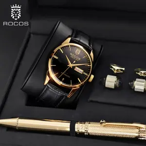 ROCOS Men's Automatic Skeleton Watch – Luxury Leather Strap, Day-Date Display, Waterproof Dress Watch | Elegant Gift | Reloj mecánico para hombre