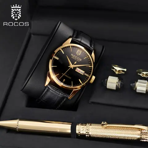 ROCOSJEWE Men's Exquisite Automatic Skeleton Watch - High Quality Fashionable Waterproof Daily Dress Wristwatch with Premium Leather Strap, Day-Date Function, Versatile Gifts for Him (Birthday, Anniversary), Fashionable Waterproof Watch