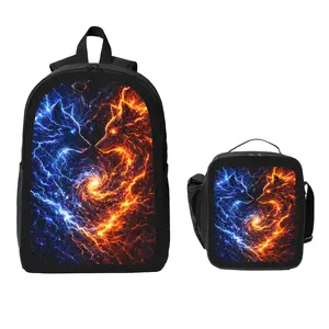 Dreamy Flame Wolf Backpack and Lunch Bag Set Bundle Large Capacity Backpack with Insulated Lunch Tote Lightweight Durable Multi Pocket Design Comfortable Shoulder Straps Travel Daily Use Organizer Stylish Matching Set Unisex