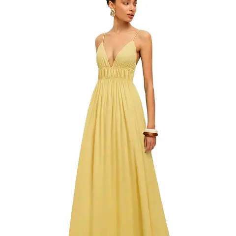 Yousify Women's Basic Spaghetti Strap Deep V-Neck Sleeveless Ruched Flowy Maxi Dress - Backless Tie-Back Cut-Out Beach Sundress, Casual Beach-To-Brunch Wear with Flowy Drape
