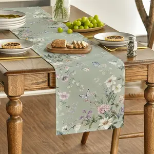 Green Floral Wildflower Leaves Spring Table Runner for Summer Kitchen Dining Table Home Party Decoration