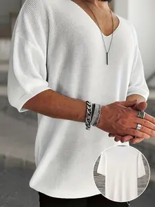 Men's V-neck Knit Loose Fit Drop-Shoulder Short-Sleeve Pullover