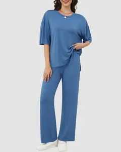 VILIGO Women's Casual Two-Piece Set Oversized Crewneck Split Hem Shirt & Relaxed Fit Pants Matching Lounge Outfit Basic Loungewear Pajamas Short Sleeve Below the Ankle Minimalist Style All Seasons Nightwear Womenswear Fashion Homewear Shortsleeve Blue