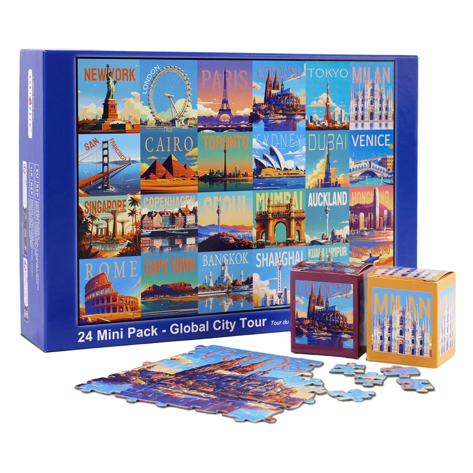 rokt&razo Global City Tour 24-Pack Mini Cardboard Jigsaw Puzzles - 1000 Pieces, Reference Poster, Back Index, 27.5x19.7 in, Beginner-Friendly, Missing Piece Support, Family Game Nights, Housewarming Parties, Birthdays Activity, Cardboard Crafts, Advent Ca