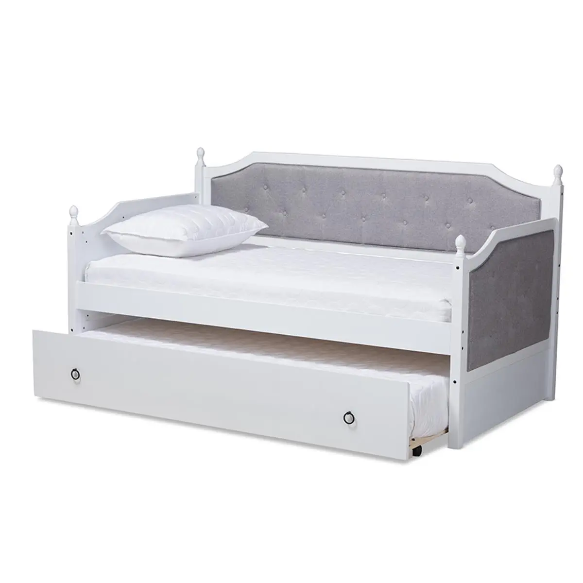 Baxton Studio Mara MG0014 Twin Size Grey Fabric Upholstered White Finished Wood Daybed with Trundle, Classic Traditional Chic Beds, Slide-Out Design