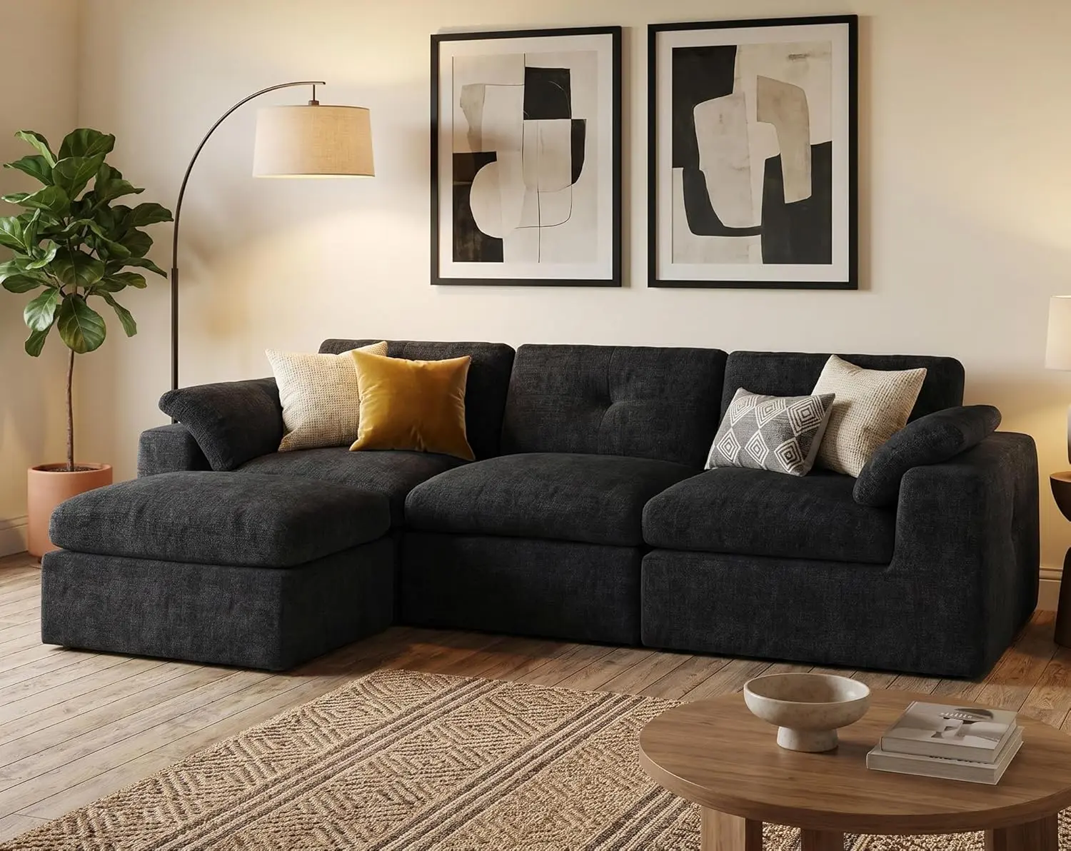 111.5" Oversized Cloud Sectional Couches for Living Room, Modular Sectional Sofa with Movable Ottoman, Convertible L Shaped Couch, 4-Seat Chenille Deep Seat Sofa for Apartment, Black