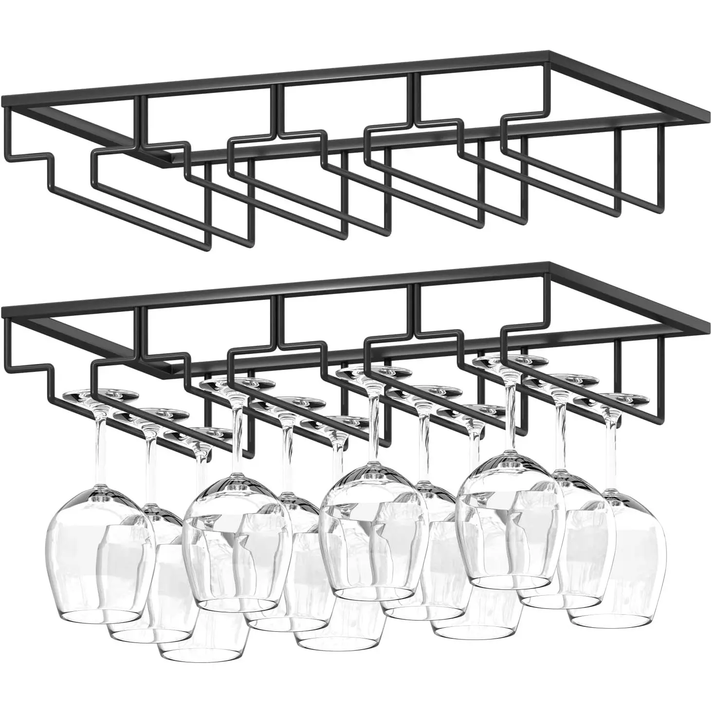 Glass Rack, 2 Pack Under Cabinet Stemware Rack  Glass Holder, 4 Rows Black Metal  Glass Storage Hanger Under Shelf for Cabinet Kitchen Bar