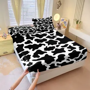 3Pcs Black and White Cow Print Fitted Sheet Set, Bed sheet sets, Cow Spots Design Bedding, Soft & Comfortable Fabric for Cozy Nights, Perfect for Farmhouse Decor or Dairy Lovers' Bedroom, Lncludes 1 Fitted Sheet, With 2 Coreless Pillowcases