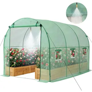 【Summervibes】VEVOR Walk-in Tunnel Greenhouse, 10 x 7 x 7 ft Hoop House Greenhouse Tunnel, Plant Hot House with 4 Nozzles, 26.25 ft Hose, Steel Frame, PE Cover, Roll-up Zipper Door and 6 Windows for Outdoors, Green