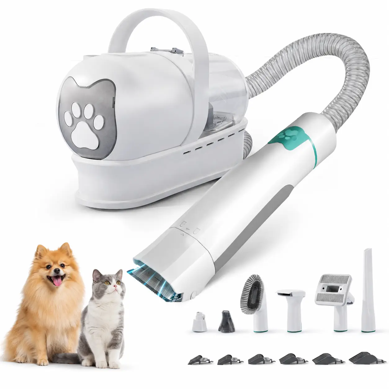 Cat & Dog Hair Vacuum Brush for Shedding, 7 in 1 Dog Grooming Vacuum Kit - Includes Nail & Paw Trimmer, Rollers, Deshedding Mitts