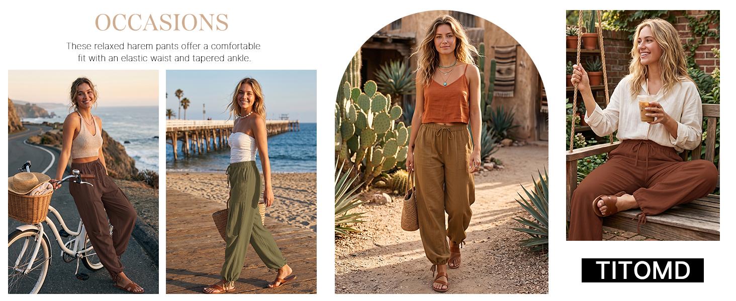 Women's Linen Balloon Barrel Beach Sport Pants Boho Harem Flowy Drawstring Casual Loose Pants with Pockets gym fits baggy Summer Wide Leg Basic Lightweight Bottom Love