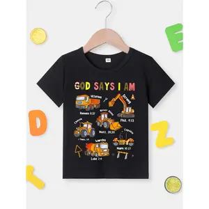 Faithbased Boys' Christian Construction Vehicle T-Shirt |       Bible Verse Tee with Excavator, Truck, Builder Words - Construction Site Birthday Outfit - Religious Kids Clothing