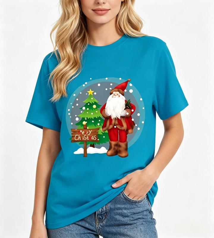 Women's Fitted Lightweight Crew Neck Short Sleeve T-Shirt - Blue Christmas Santa Claus Tree Snow Print - Holiday Look Casual Tops for Women #sohochic