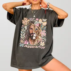 Comfort Colors Floral Jesus and Lion Shirt, Christian Faith Graphic Tee, Crown of Thorns Religious T-Shirt, Boho Floral Jesus Lion Art Tee