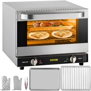 VEVOR Commercial Convection Oven, 21L/19Qt, Quarter-Size Conventional Oven Countertop, 1440W 3-Tier Toaster with Front Glass Door, Electric Baking Oven with Trays Wire Racks Clip Gloves, 120V, ETL Lis