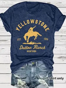 Women's Yellowstone Dutton Ranch Print T-Shirt, Casual Printed Soft Elastic Round Neck Short Sleeve Top, Casual Summer Spring Tee