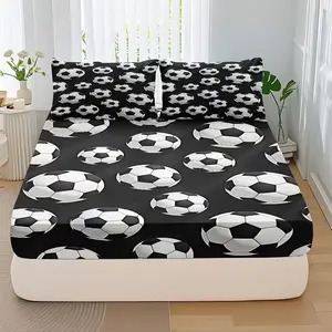 Cartoon Football Pattern Bed Sheet Set, Includes 1 Mattress Cover and 2 Pillowcases, Polyester, Digital Print, All-Season Home Textiles
