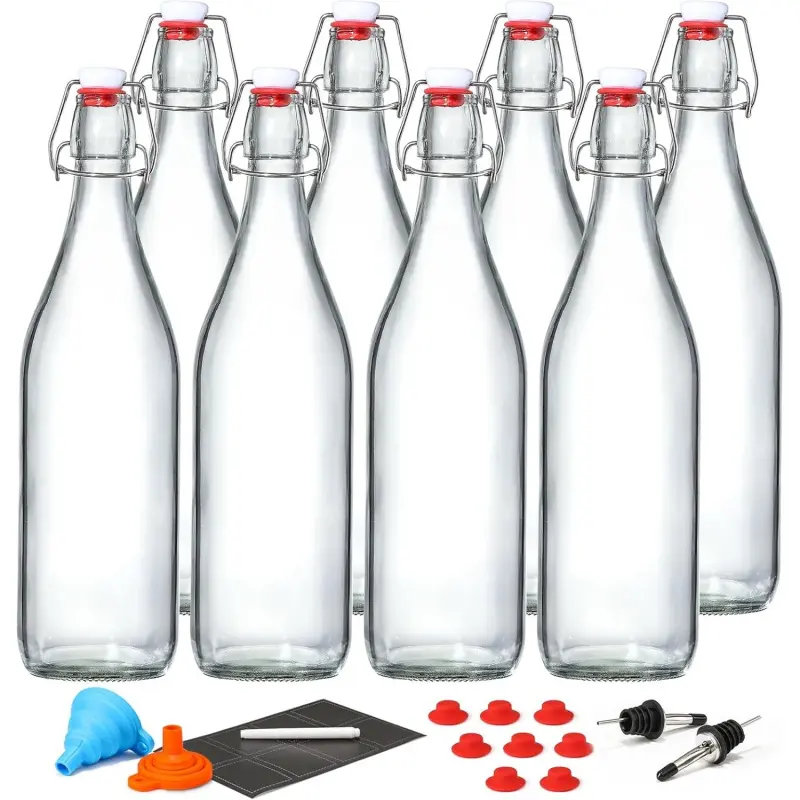 8 Pack [1 L / 33 fl.oz.Swing Top Glass Bottles w/ Airtight Stopper Lids – Flip Top Brewing Bottle for Fermentation, Kombucha, Mead, Vinegar, Beer, Kefir, Wine, Soda – With 8 Extra Seals & 2 Pourer