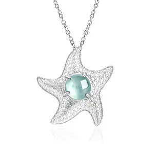 Silver Natural Jade Necklace with Blue Water Starfish Design for Women — Fashionable Gift Pendant