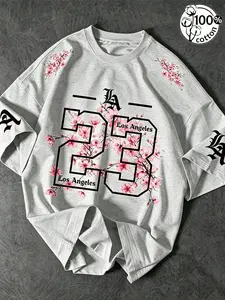 Unisex 100% Cotton Los Angeles 23 Gothic Cherry Blossom Print Oversized T-Shirt | Y2K Streetwear Top