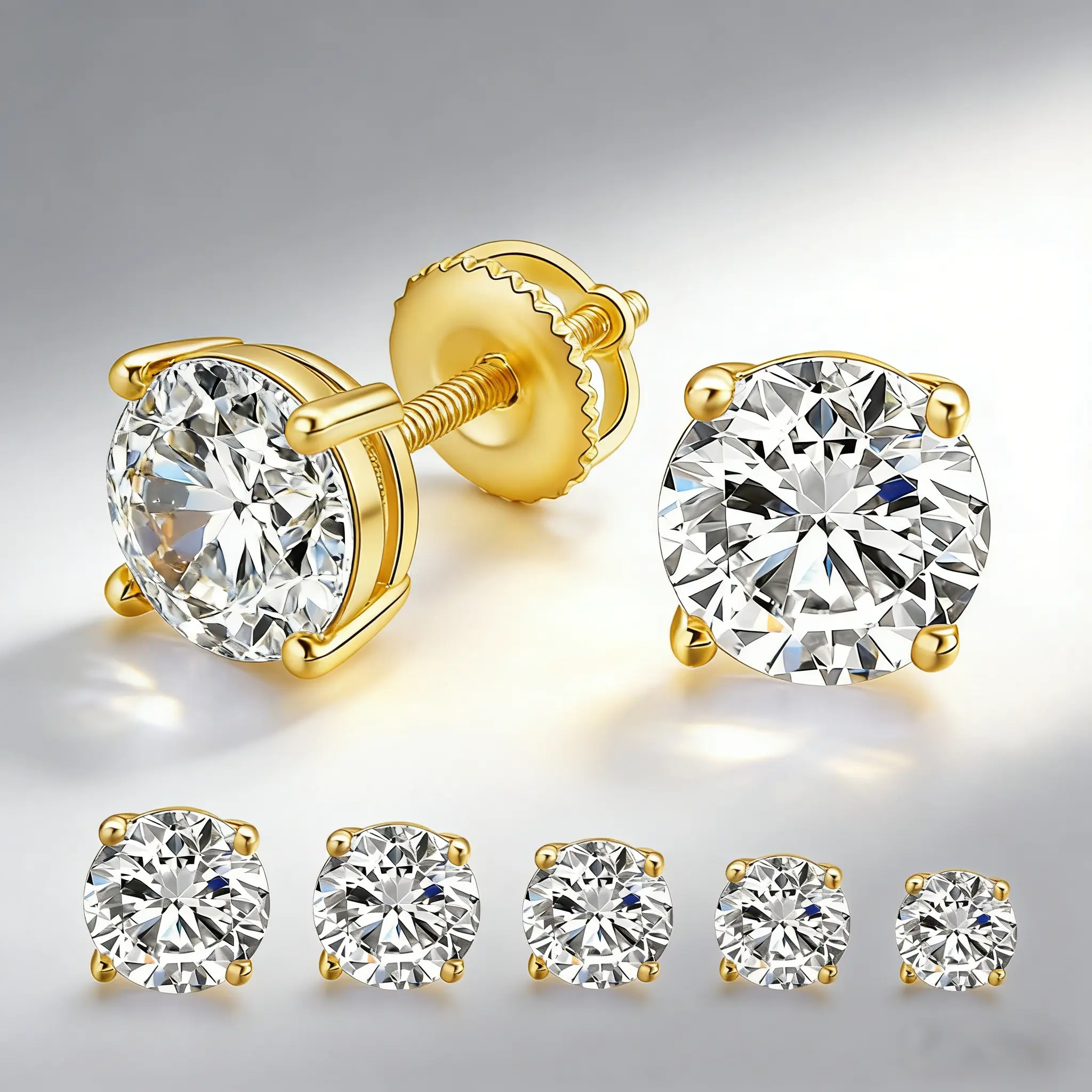GEMSME 5 6 Pairs Round Cut Gold Plated CZ Cubic Zirconia Stud Earrings Set Screw Back Design Hypoallergenic Minimalist Jewelry for Women Sizes 3-8mm Valentines Day Gift E-1160-W