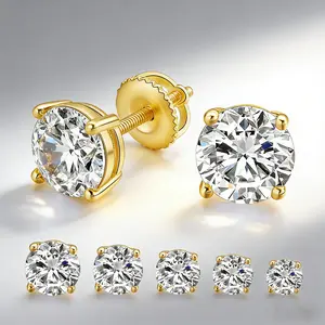 GEMSME 5 6 Pairs Round Cut Gold Plated CZ Cubic Zirconia Stud Earrings Set Screw Back Design Hypoallergenic Minimalist Jewelry for Women Sizes 3-8mm Valentines Day Gift E-1160-W