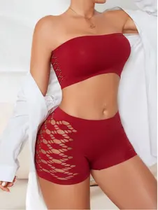2pcs Women Solid Color Tube Top And Shorts Lingerie Set