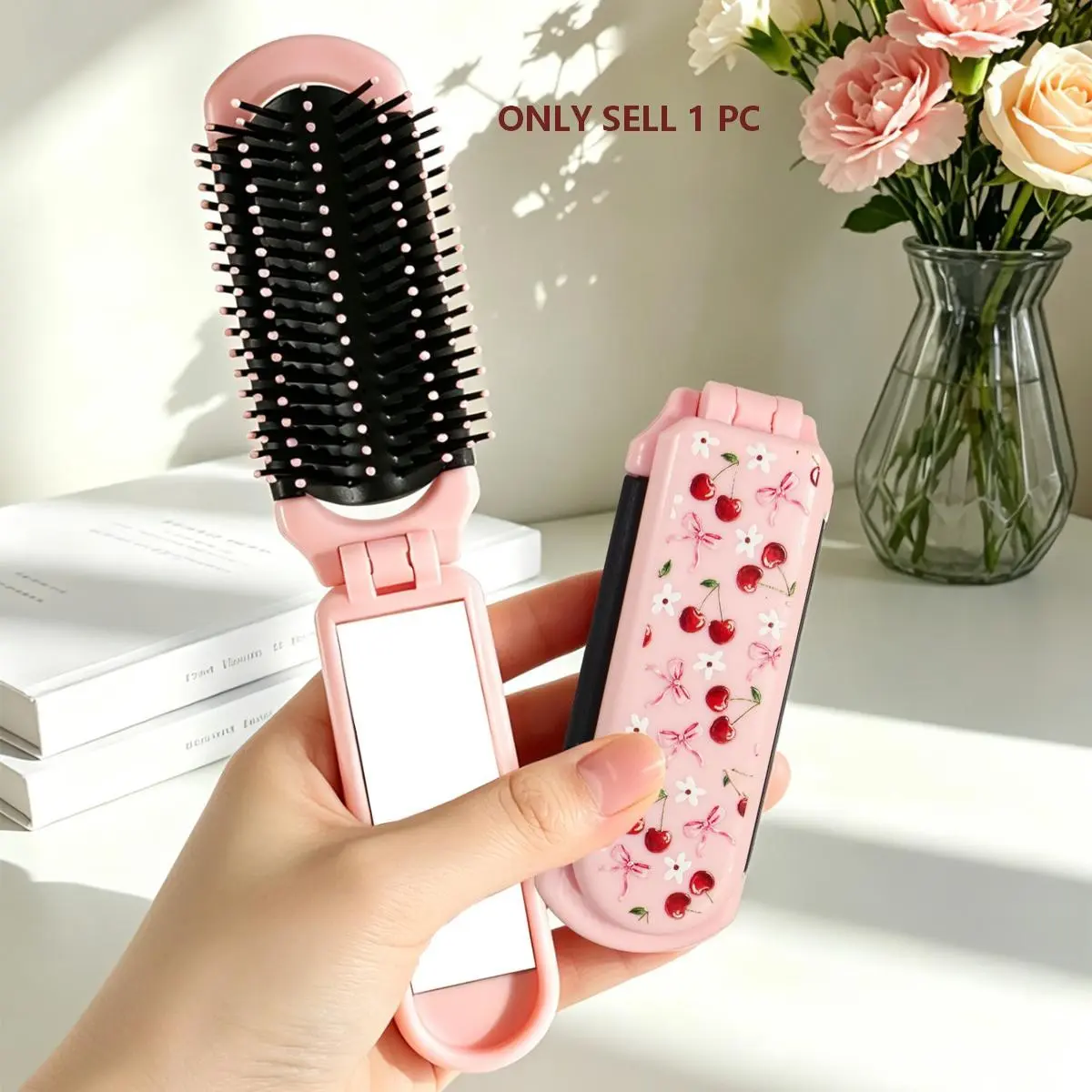 1pc Foldable Hair Comb, Pink Cherry, Bow & Floral Design with attached Mirror. Pocket-sized Travel Comb, Compact & Portable for Bags. Ladies Styling Comb, Hair Care Comb, Ideal Gift for Men & Women, Hair Styling Tools
