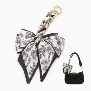 Elegant Floral Scarf Bow Bag Charm with Gold Chain Accent, Aesthetic Handbag Accessory for Women, Stylish Fashion Purse Decor