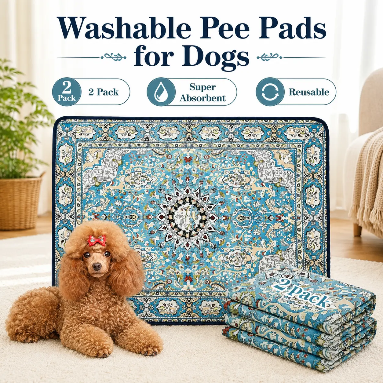 Washable Dog Pee Pads, Reusable Puppy Training Pad with Super Absorbent & Leakproof Protection, Waterproof Non-Slip Pet Mat Rug for Dogs & Cats, Machine Washable Dog Potty Pad for Crates, Floors, Sofas, Cars, Playpens & Home Furniture