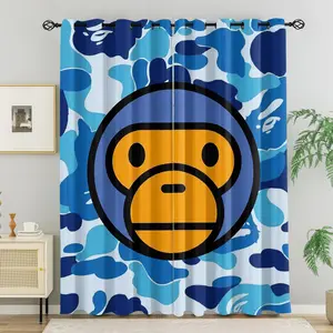 BAPE Blue Camo Baby Milo Ape Head Blackout Heavy Curtain Set, 2 Pieces, No Drilling Required, Washable Polyester Fabric, Suitable for Bedroom Living Room Dorm, Multi-Functional Home Decor, Gift for Fans, Teens