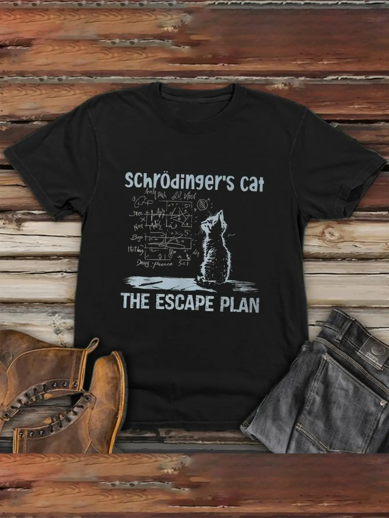 Men's Schrödinger's Cat The Escape Plan Quantum M unisex soft cotton short sleeve t shirt, vintage graphic casual tee for men women teens, perfect birthday holiday gift for camping travel gym daily street casual wear