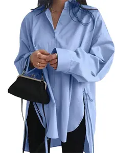 Women's Plain High Low Split Hem Button Front Shirt Blouse, Casual Drop Shoulder Long Sleeve Tie Side Top for Daily Wear, Ladies Clothes for All Seasons