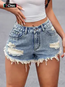 Summer New Soft Breathable Ripped Denim Jeans for Women, Womenswear, Trendy Fashion Casual Shorts, Mid Waist Fitted Button Fly Design