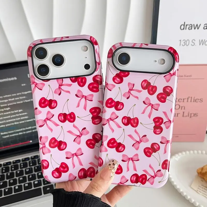 Compatible with iPhone 17/16/15/14/13 Pro Max/Pro/Plus Features an adorable pink cherry bow design Crafted from shock-absorbing ultra-thin soft TPU and rigid PC materials Designed specifically for women Compatible with iPhone 17 Pro Max (Glossy finish)