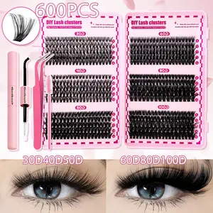 DIY Eyelash Lash Clusters Extension Kit3040506080100D-600-700-800pcs, Black Cosmetics Cluster Eyelashes - D Cluster Reusable Eyelashes Natural Look, Glue Hold Bond & Tweezer Tool for Self Applicator at Home