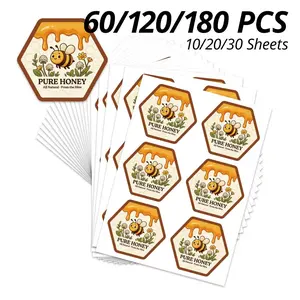 Hexagonal Honey Bee Stickers, 60/120/180 Pieces, Vintage Fresh Style, 4.8x4.4 Cm, Ideal for Honey Jar Packaging, Baking Gift Boxes, Party Decor