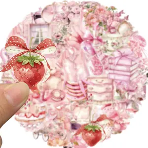 Strawberry & Bow Tie Pattern Sticker, 50pcs/set Cute Bow Tie Sticker, Aesthetic Decals for Laptop, Vinyl Waterproof Sticker