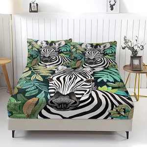 Zebra plant print pattern fitted sheet, including 1 flat sheet and 2 pillowcases, anti-slip and dustproof cover, suitable for bedrooms and guest rooms, perfect for personal use or as a gift