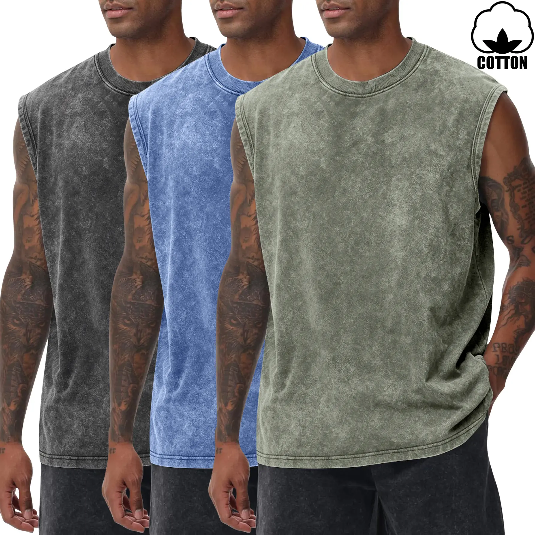 3-Pack Men's Acid Wash Tank Tops Vintage Distressed Cotton Polyester Blend Sleeveless Muscle Shirts, Smooth Breathable with a Natural Vibe for Gym Crewneck Fashion Menswear Basketball Classic Clothes Relaxed Fit Sports Vest Vest