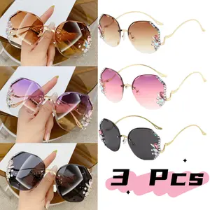 3 Pairs of Women's Metal Round Frameless Dot Heavy Work Exquisite Light Luxury High Dopamine Elegant Temperament Fashion Glasses Suitable for Daily Hot Style Matching